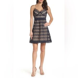 Foxiedox Hellia Lace A-Line Mini Dress Nude Lining Adjustable Straps Navy S NWT